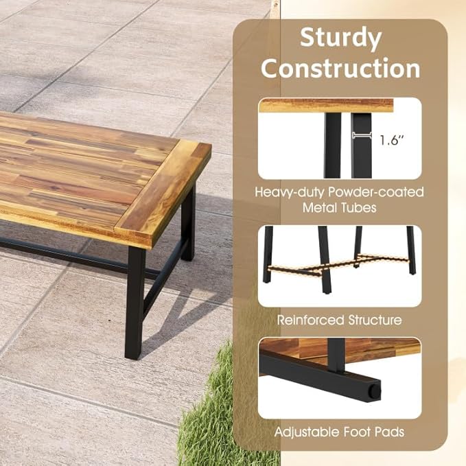 Byroce Outdoor Coffee Table, 43.5”L Farmhouse Accent Table with Spacious Tabletop & Heavy-Duty Metal Structure, Acacia Wood Coffee Table for Patio, Yard, Garden & Living Room, Natural