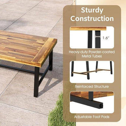 Byroce Outdoor Coffee Table, 43.5”L Farmhouse Accent Table with Spacious Tabletop & Heavy-Duty Metal Structure, Acacia Wood Coffee Table for Patio, Yard, Garden & Living Room, Natural
