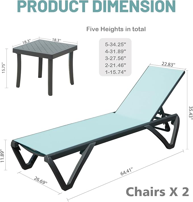Domi Patio Lounge Chairs Set of 3, Aluminum Pool Chaise Lounge with Side Table,5 Position Adjustable Backrest and Wheels, Lounge Chairs for Pool, Garden, Beach, Backyard, Turquoise Blue