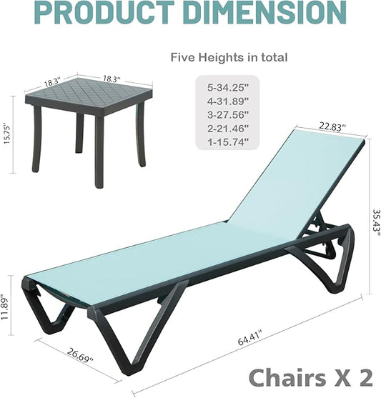 Domi Patio Lounge Chairs Set of 3, Aluminum Pool Chaise Lounge with Side Table,5 Position Adjustable Backrest and Wheels, Lounge Chairs for Pool, Garden, Beach, Backyard, Turquoise Blue