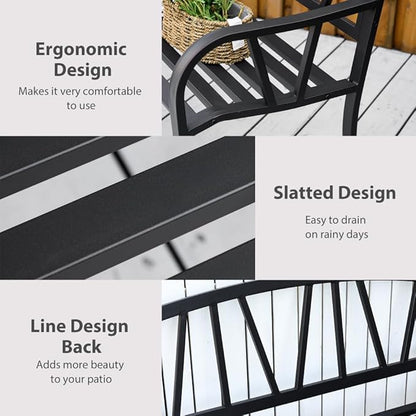 Metal Garden Bench for Outdoor Patios and Lawns, 50 Inch Park-Style Seating with Slatted Backrest and Smooth Armrests