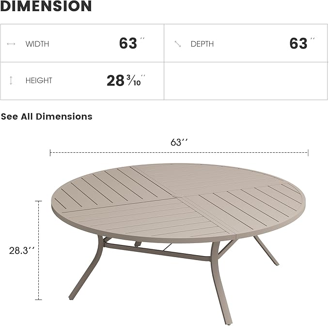 Patio Dining Table for 8-10, Round Metal Outdoor Table with Storage Shelf, 1.57" Umbrella Hole, 63" Outdoor Quartered Tabletop Dining Table for Backyard, Porch, Lawn, Sand