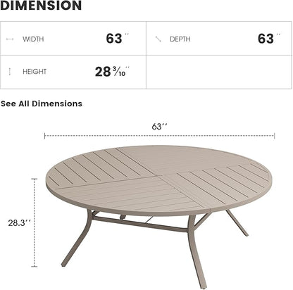 Patio Dining Table for 8-10, Round Metal Outdoor Table with Storage Shelf, 1.57" Umbrella Hole, 63" Outdoor Quartered Tabletop Dining Table for Backyard, Porch, Lawn, Sand