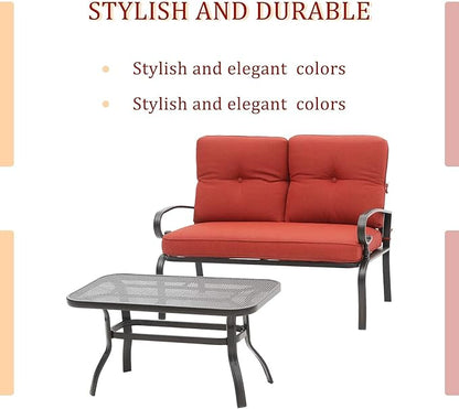 Outdoor 2 Pcs Patio Loveseat Bench Set with Bistro Coffee Table and Patio Steel Frame Sofa with Cushion, Wrought Iron Look, Lawn Front Porch Garden (Red)