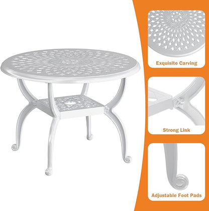 Round Outdoor Coffee Table Set of 2, Cast Aluminum Side Table with Storage,Indoor End Table, All-Weather Bistro Table for Patio Garden Lawn, White