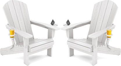 SERWALL Adirondack Chair with Cup Holders - Composite Adirondack Chairs Set of 2 HDPE Outdoor Chairs All Weather Use- White