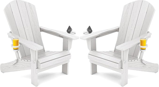 SERWALL Adirondack Chair with Cup Holders - Composite Adirondack Chairs Set of 2 HDPE Outdoor Chairs All Weather Use- White