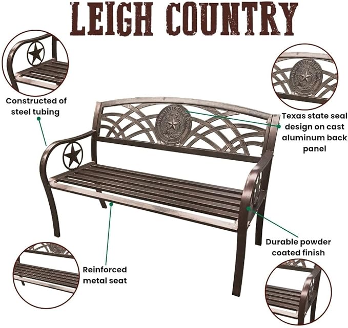 Leigh Country Texas State Seal Metal Bench, Outdoor Decorative Patio Seating for Porch/Deck