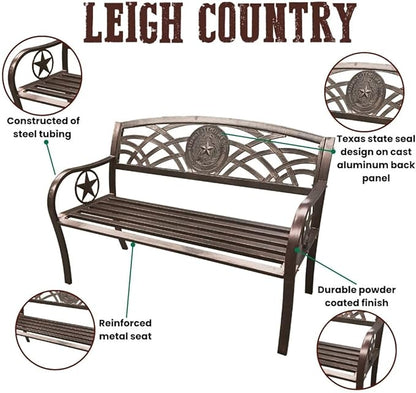Leigh Country Texas State Seal Metal Bench, Outdoor Decorative Patio Seating for Porch/Deck