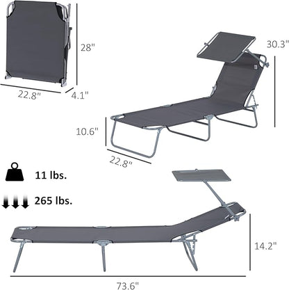 Outsunny Outdoor Lounge Chair, Adjustable Folding Chaise Lounge, Tanning Chair with Sun Shade for Beach, Camping, Hiking, Backyard, Gray