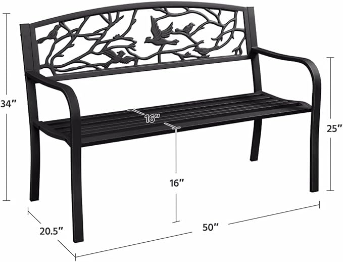 Patio Outdoor Park Loveseat Bench for Garden Porch Deck Made Cast Iron Anti-Rust Aluminum Metal, 2-3 Seater Aluminium Steel (Bird Pattern 50")