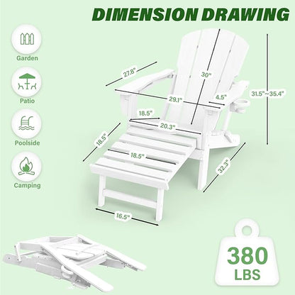 LOUNZY Folding Adjustable Adirondack Chair with Retractable Ottoman, HDPE Recliner Adirondack Chair with Cup Holder for Deck Lawn Fire Pit, White