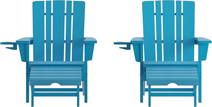 Taylor & Logan Hedley Adirondack Chair with Cup Holder and Pull Out Ottoman, All-Weather HDPE Indoor/Outdoor Lounge Chair in Blue, Set of 2