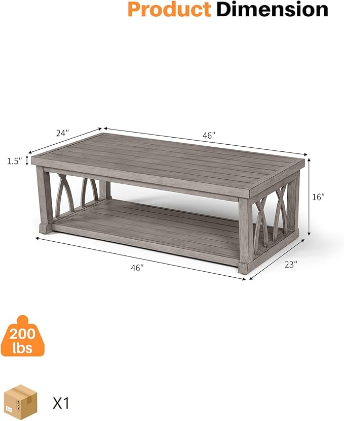 Aluminum Outdoor Coffee Table, 46" Rectangular Patio Coffee Table with Double Storage, Waterproof Aluminum Patio Furniture Tables with Adjustable Feet for Garden, Deck, Porch, Limed Oak