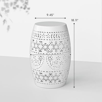 9.45 Inch Patio Coffee Table,Round Hollow Drum Side Table,Weather Resistant Steel Patio Side Table,Pool Coffee Accent Table,with Metal Frame,for Porch Yard Balcony Garden Lawn Backyard (White)