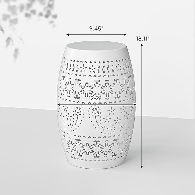 VINGLI Outdoor Iron Side Table, Patio End Table Anti-Rust Metal Round Drum Garden Stool Plant Stand Indoor Iron Accent Table for Patio Deck Porch Living Room (White)