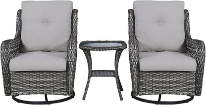 Rilyson Wicker Rocking Chair Swivel Chairs - 3 Piece Rocker Patio Furniture Set Rattan Rocking Bistro Sets with Glass Top Side Table for Outdoor Porch Deck Garden Backyard (Mixed Grey/Grey)