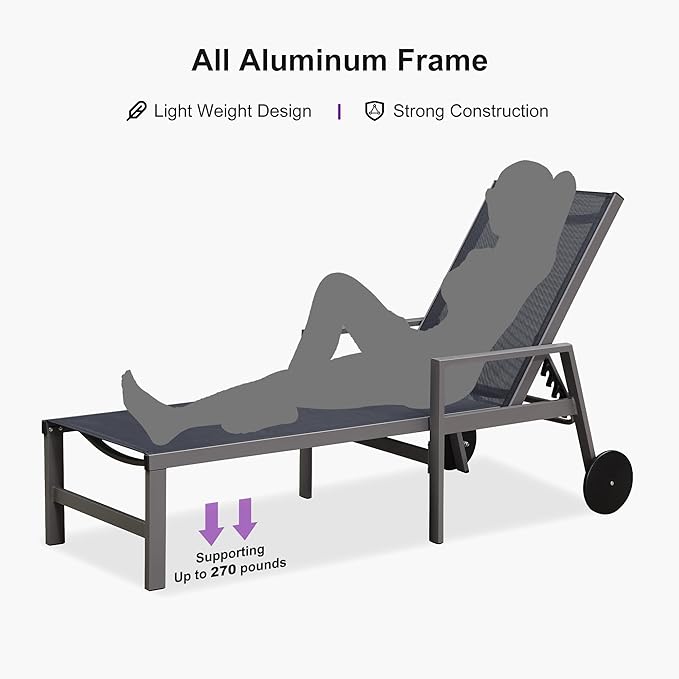PURPLE LEAF Patio Chaise Lounge Set for 4 Outdoor Pool Lounge Chairs with Armrest and Adjustable Backrest Aluminum - Photo 8