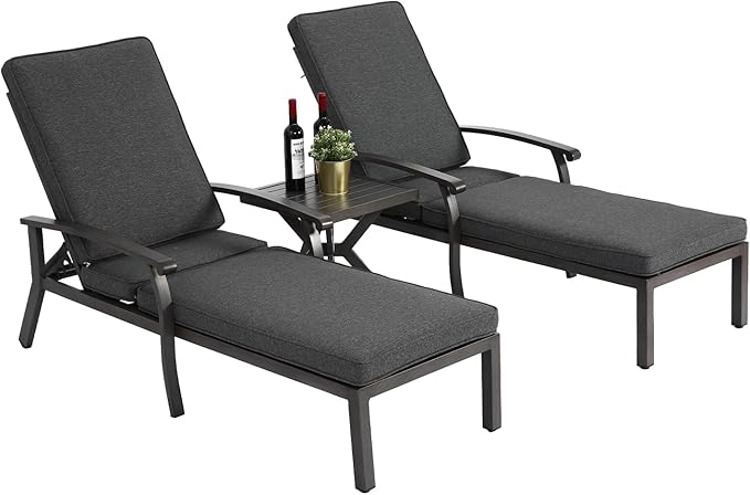 Chaise Lounge Chair Outdoor Cast Aluminum Reclining Lounger with Cushion, 5-Position Adjustable Backrest, Waterproof Padded Seat, Hidden Wheels, Elegant Poolside Garden Patio Seating (Grey)