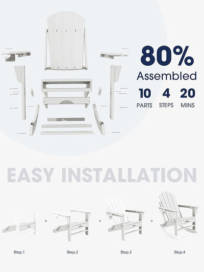 KINGYES Adirondack Rocking Chair with Retractable Ottoman and Cup Holders, HDPE Adirondack Rocker Patio Rocking Chair for Porch, Patio, Balcony, White
