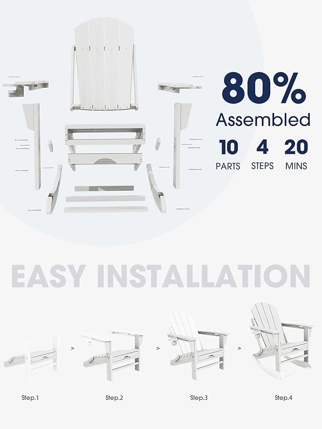 KINGYES Adirondack Rocking Chair Set of 4 with Retractable Ottoman and Cup Holders, HDPE Adirondack Rocker Patio Rocking Chair for Porch, Patio, Balcony, White