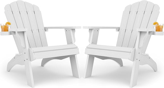Oversized Plastic Adirondack Chair Set of 2 with Cup-Holder (Large Dual-Purpose), Weather Resistant, Poly Lumber Outdoor Chairs Duty Rating Widely Used in Patio, Lawn, Outside, Garden Chair-White
