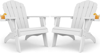 Oversized Plastic Adirondack Chair Set of 2 with Cup-Holder (Large Dual-Purpose), Weather Resistant, Poly Lumber Outdoor Chairs Duty Rating Widely Used in Patio, Lawn, Outside, Garden Chair-White