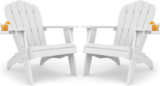 Oversized Plastic Adirondack Chair Set of 2 with Cup-Holder (Large Dual-Purpose), Weather Resistant, Poly Lumber Outdoor Chairs Duty Rating Widely Used in Patio, Lawn, Outside, Garden Chair-White