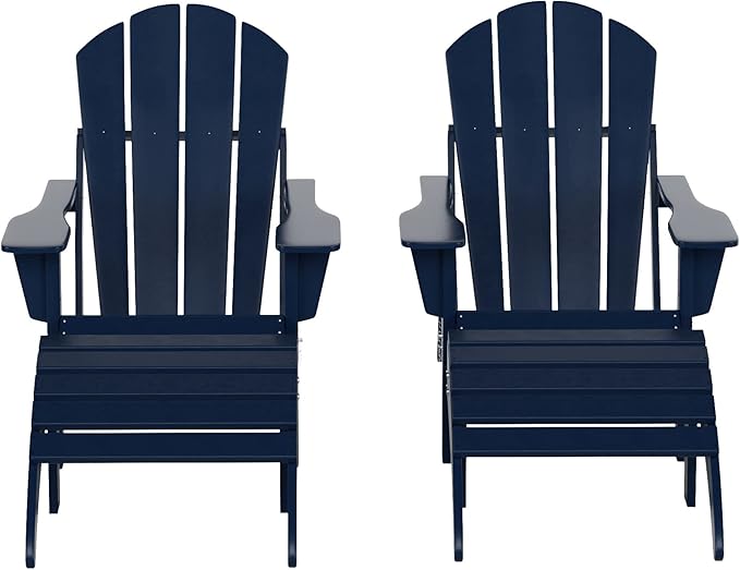 WestinTrends Malibu Outdoor Lounge Chair Set, 4-Pieces Adirondack Chair Set of 2 with Ottoman, All Weather Poly Lumber Patio Lawn Folding Chair for Outside Pool Beach, Navy Blue