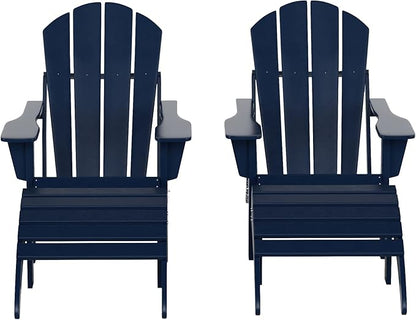 WestinTrends Malibu Outdoor Lounge Chair Set, 4-Pieces Adirondack Chair Set of 2 with Ottoman, All Weather Poly Lumber Patio Lawn Folding Chair for Outside Pool Beach, Navy Blue