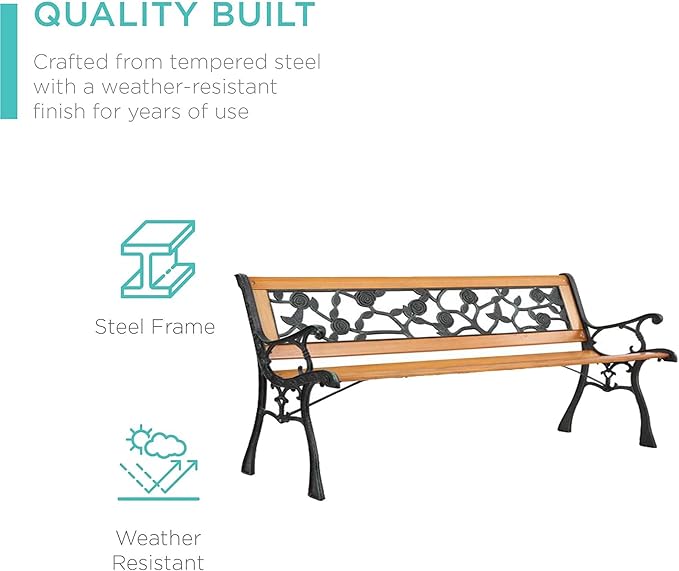 LICOME 49" Garden Bench Outdoor Bench Patio Bench,Cast Iron Metal Frame Patio Park Bench with Floral Pattern Backrest,Arch Legs for Porch,Lawn,Yard(Style3)