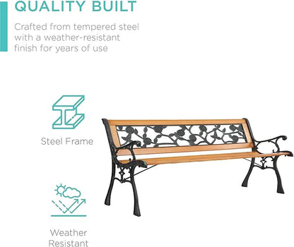 LICOME 49" Garden Bench Outdoor Bench Patio Bench,Cast Iron Metal Frame Patio Park Bench with Floral Pattern Backrest,Arch Legs for Porch,Lawn,Yard(Style3)