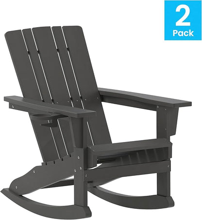 Flash Furniture Halifax Adirondack Rocking Chairs with Cup Holder, Weather Resistant Poly Resin Adirondack Rocking Chairs, Set of 2, Gray