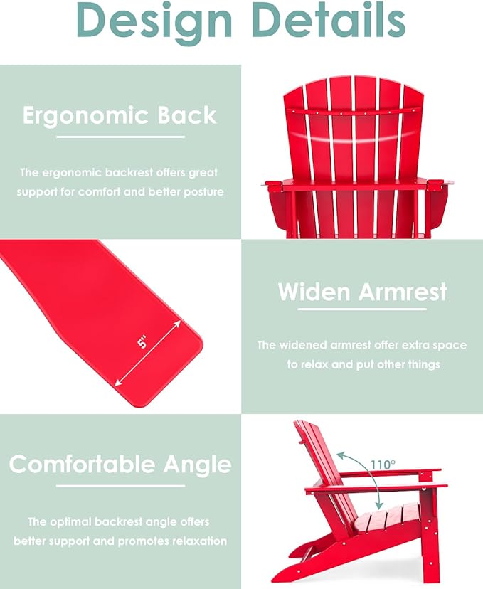 IVY&LANE Adirondack Chairs Set of 2 | HDPE Plastic | Outdoor Fire Pit Chairs | Oversized | All-Weather | Red | for Outside Deck Backyard Patio Poolside Porch Lawn