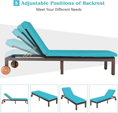 DORTALA Outdoor Pool Chaise Lounge Chair, Metal Rattan Lounger Recliner Chair W/Wheels, Folding Wicker Chaise Chair W/Cushioned Seating, Turquoise