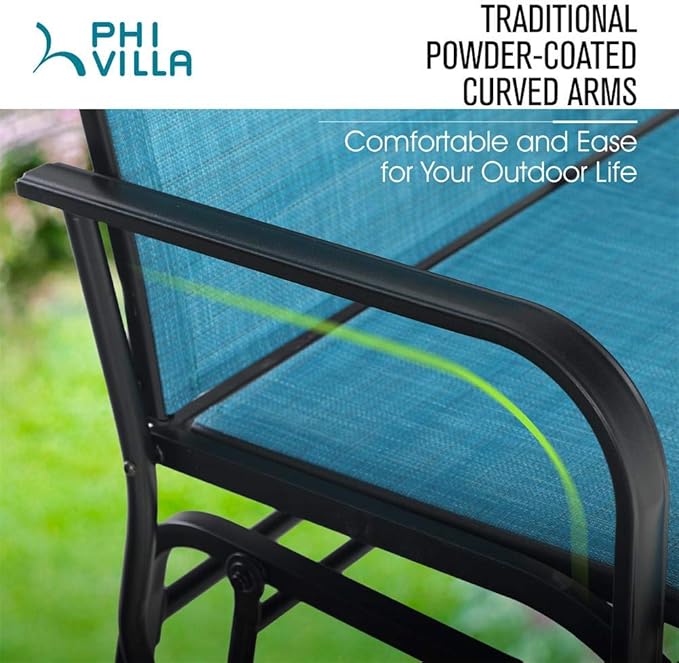 PHI VILLA Outdoor Glider Rocking Bench Chair Clearance for 2 Person, Patio Loveseat Gliders with 42" High Back for Outside Lawn Garden Deck, Blue