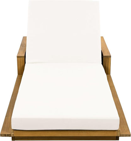 Merax Outdoor Chaise Lounge with 4-Position Adjustable Backrest, Acacia Wood Sunbathing Recliner Chair & 4" Thick Double-fold Cushion for Poolside, Garden, Backyard, Patio, Beige
