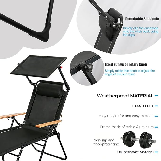 Folding Outdoor Chaise Lounge Chair with Arms, 4 Position Sunbathing Lounge Chair with Shade, Sun Tanning Chairs for Outside Portable with Cup Holders for Beach Patio Camping Poolside Yard (Black- B)