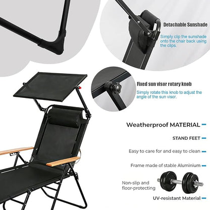 Folding Outdoor Chaise Lounge Chair with Arms, 4 Position Sunbathing Lounge Chair with Shade, Sun Tanning Chairs for Outside Portable with Cup Holders for Beach Patio Camping Poolside Yard (Black- B)