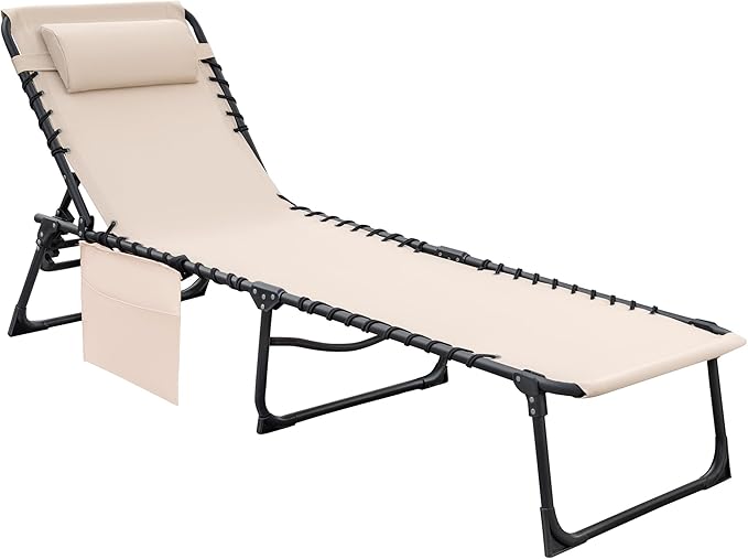 Flamaker Foldable Chaise Lounge Chair 5-Position Adjustable, Tanning Chair with Side Pocket, Outdoor Sunbathing for Pool, Beach, Patio, Lawn, Indoor Recliner Chair for Napping(Beige, 1 Pcs)