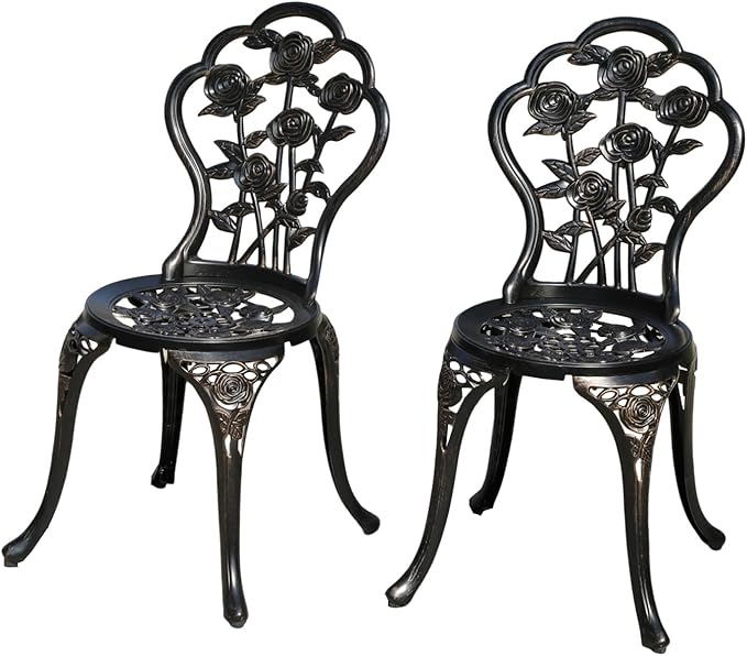 KAILI Rose Garden Cast Aluminum Bistro Chairs, Decorative Outdoor Patio Seating, Set of 2, White and Black (Rose Chair Bronze)