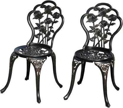 KAILI Rose Garden Cast Aluminum Bistro Chairs, Decorative Outdoor Patio Seating, Set of 2, White and Black (Rose Chair Bronze)