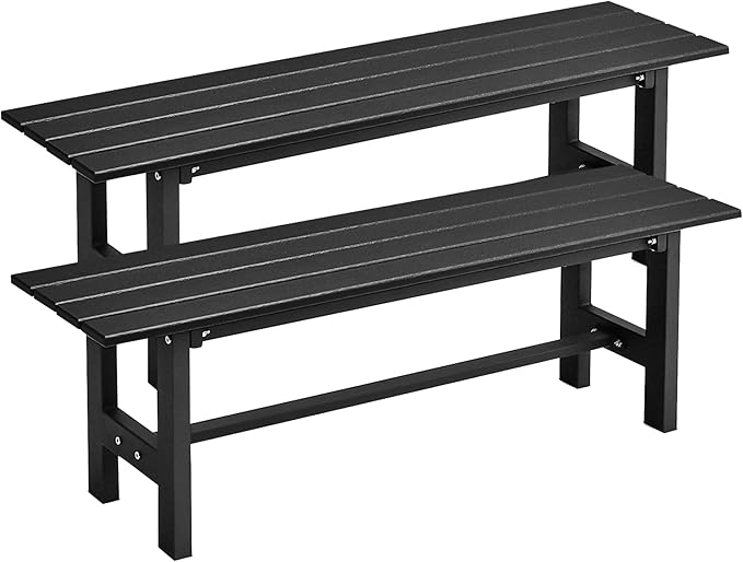 Tangkula 47 Inch HDPE Outdoor Bench Backless Set of 2, Patio Dining Bench with Slatted Seat & Heavy-Duty Metal Frame, 660 LBS Capacity, Weatherproof Outside Bench for Garden, Yard & Porch, Black