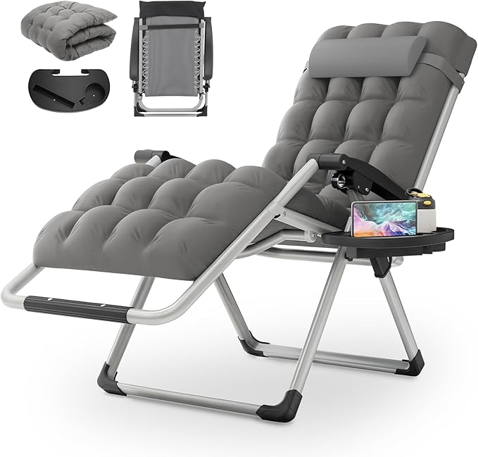 MoNiBloom Beach Chaise Lounge Chair, Patio Folding Recliner with Removable Cushion, Headrest & Tray, Portable Tanning Sunbathing Chair for Poolside Beach Porch Yard, Reinforced Bar, 330lbs Grey