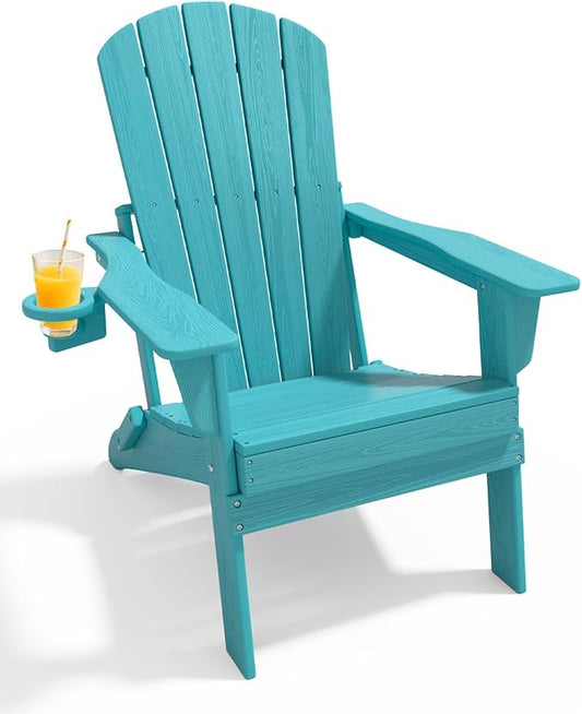 Upgraded Folding Adirondack Chair with All-Weather Cup Holder-EcoVida, Premium Wood Grain Texture, HDPE Waterproof, Suitable for Fire Pit, Patio, Porch, Aruba
