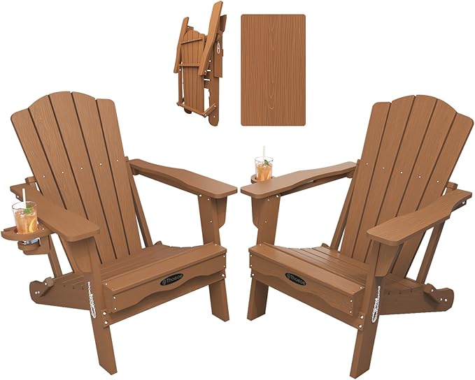 Folding Adirondack Chair Set of 2,HDPE All-Weather Outdoor Chair with Cup Holder,Wooden Textured,Fire Pit Chair,Plastic Patio Chair for Deck,Backyard,Garden,Lawn(Wood)