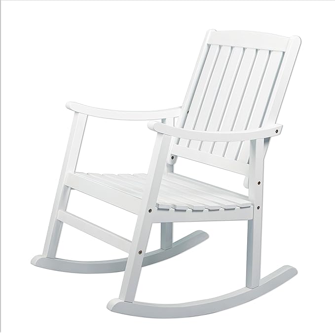 Eyely KCR102C Winnie Classic Slat-Back 300-Lbs Support Acacia Wood Patio Outdoor Rocking Chair for Garden, Lawn, Backyard, Pool, Deck, Beach, Firepit, White