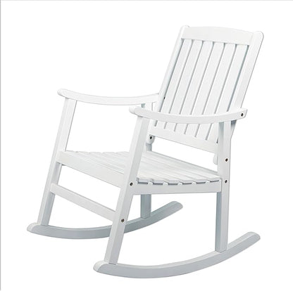 Eyely KCR102C Winnie Classic Slat-Back 300-Lbs Support Acacia Wood Patio Outdoor Rocking Chair for Garden, Lawn, Backyard, Pool, Deck, Beach, Firepit, White
