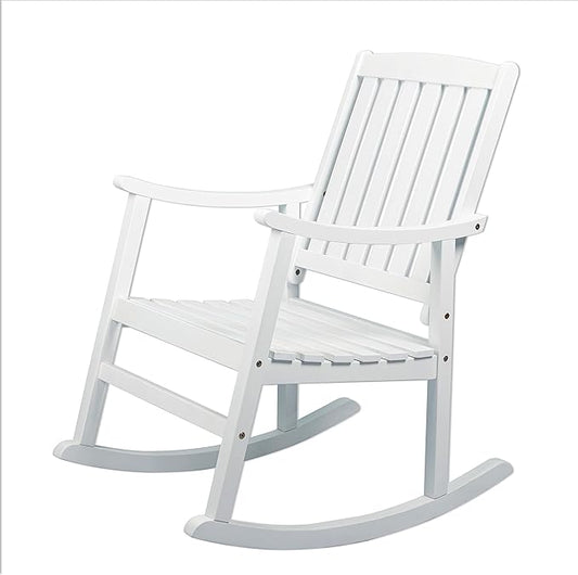 Eyely KCR102C Winnie Classic Slat-Back 300-Lbs Support Acacia Wood Patio Outdoor Rocking Chair for Garden, Lawn, Backyard, Pool, Deck, Beach, Firepit, White