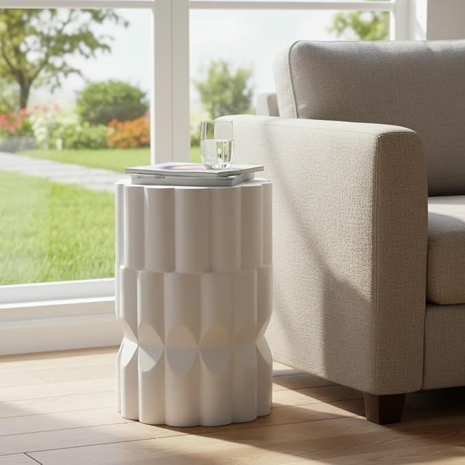 Christopher Knight Home Ella Lightweight Modern Concrete Outdoor Side Table, Patio End Table with Geometric Stacked Design, MGO Outdoor Coffee Table, No Assembly Garden Plant Stand Indoor, White